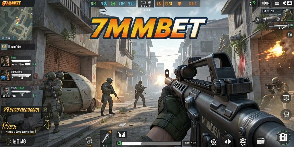 Screenshot gameplay dari 7MMBET menunjukkan aksi menegangkan dalam game FPS.