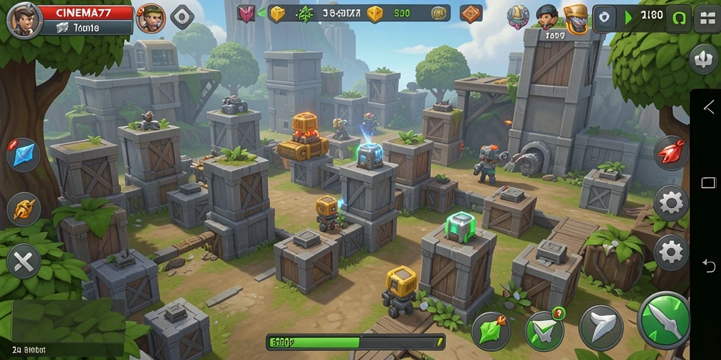 Screenshoot gameplay CINEMA77 yang menampilkan aksi pertahanan menara.