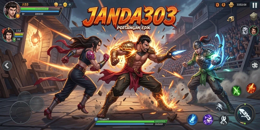 Tampilan gameplay JANDA303 dengan aksi pertarungan yang seru.
