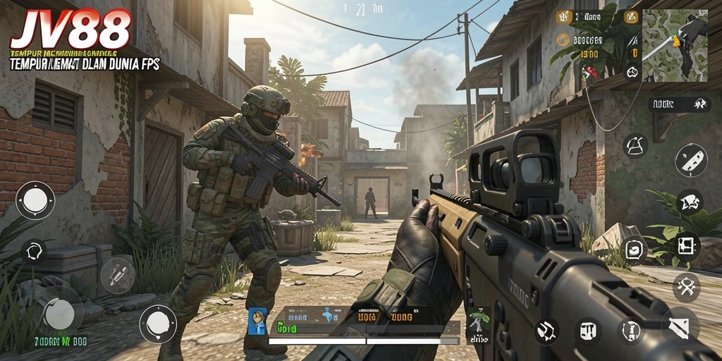 Tangkapan layar gameplay JV88 memperlihatkan aksi menembak yang intens.