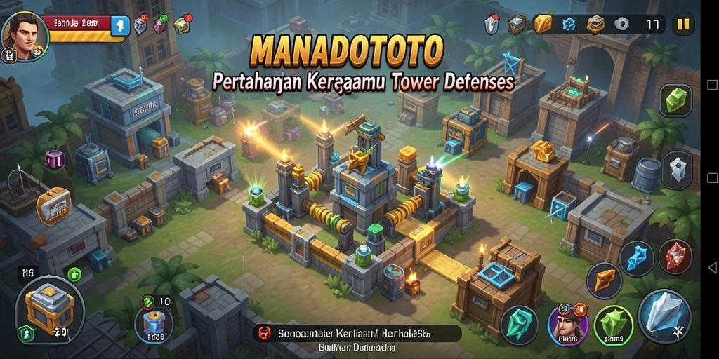 Tampilan gameplay intens dalam <strong>MANADOTOTO</strong> menunjukkan strategi Tower Defense yang mendebarkan.